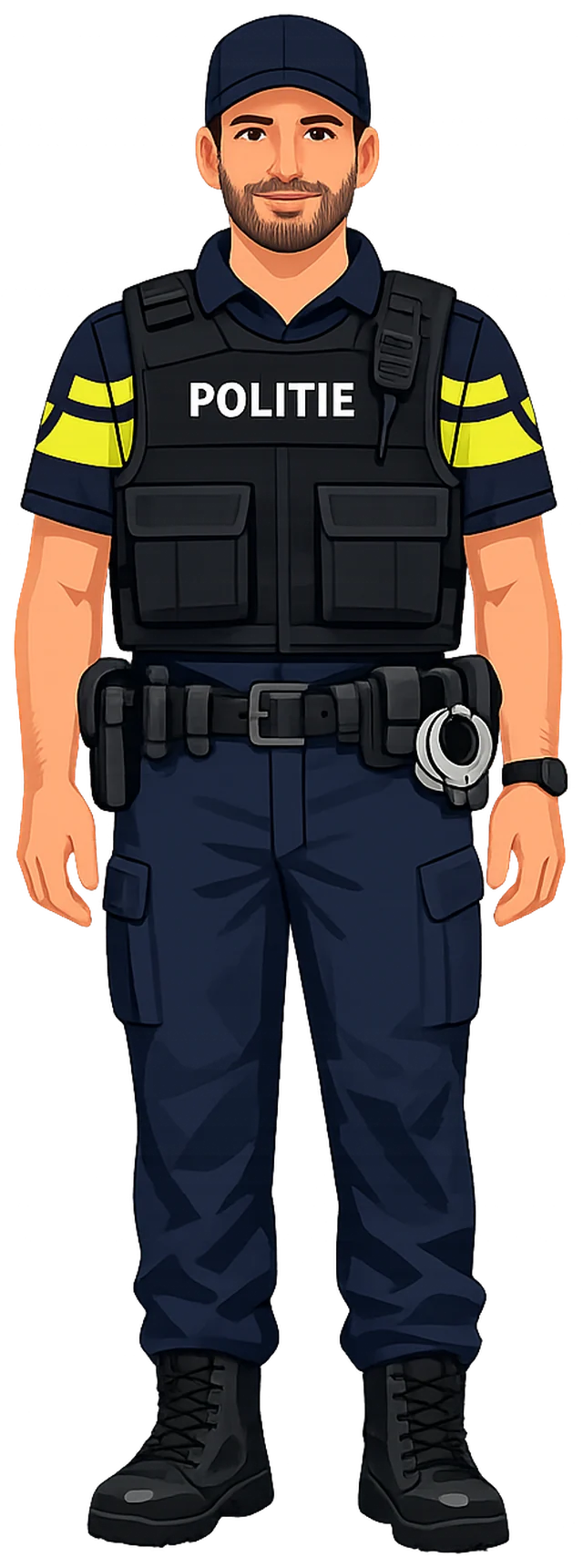 Tekening van een echte agent in uniform: blauwe polo met gele strepen, steekvest met POLITIE erop, pet en koppelriem.