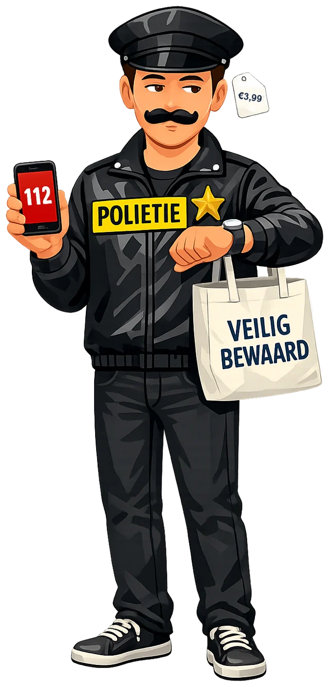 Tekening van een nepagent: zwarte feestwinkeljas met POLIETIE erop, pet met prijskaartje van 3,99 euro, nepsnor, plastic ster, telefoon met 112 in beeld, een tas met VEILIG BEWAARD, en hij kijkt op zijn horloge.