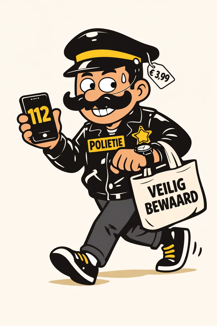 Tekening van onze nepagent: een pet van de feestwinkel met prijskaartje, een nepsnor, POLIETIE met een spelfout op zijn jas, een plastic sheriffster, een tas met VEILIG BEWAARD, een telefoon met 112 in beeld, en hij kijkt gehaast op zijn horloge.